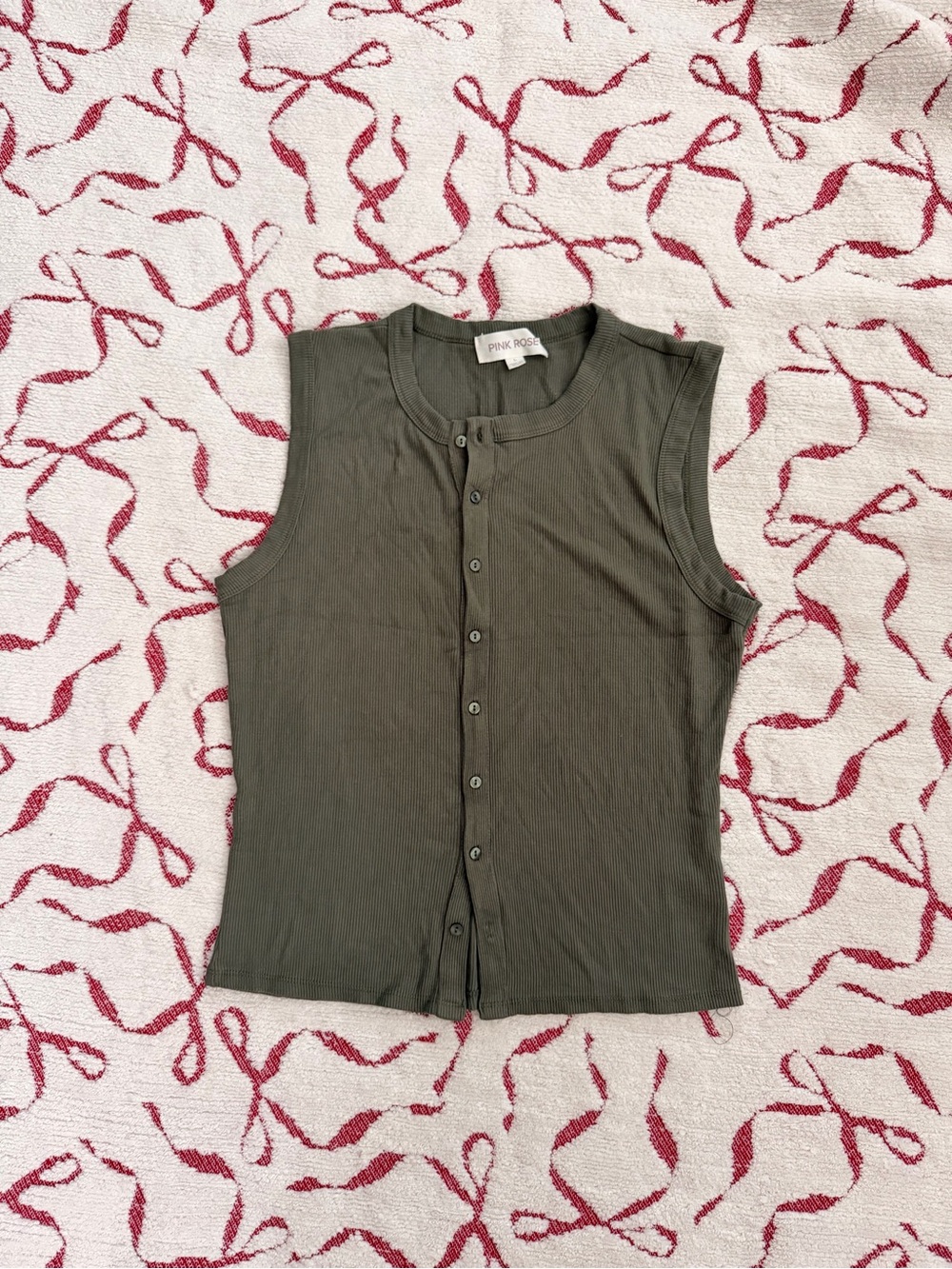 Pink Rose Olive Green Ribbed Button Front Tank